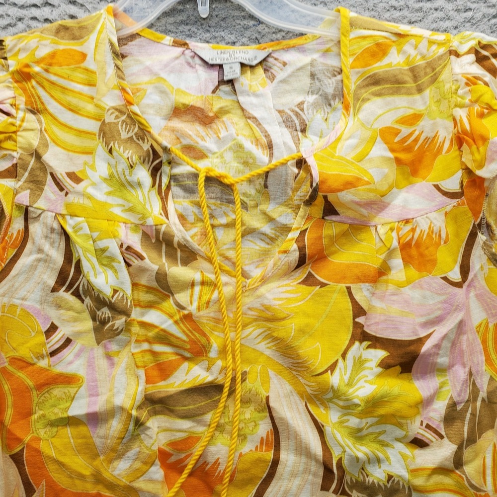 Hester & Orchard Blouse Top Women S Multi Floral Linen Blend Cap Sleeve Tie Neck - Picture 8 of 8